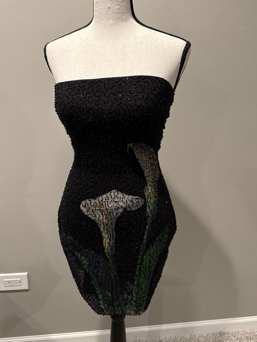 Strapless Black Beaded Dress with Floral Detail